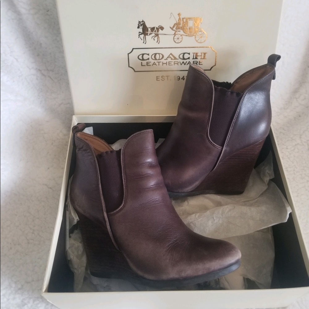COACH brown wedge booties